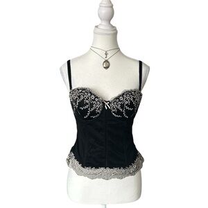 Y2K Black and Pink Floral Embroidered Lace Trim Corset Style Bustier Top